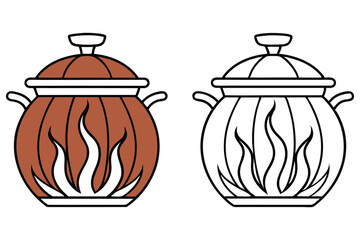 Copper pot with white flames stands beside a black and white lined drawing pot