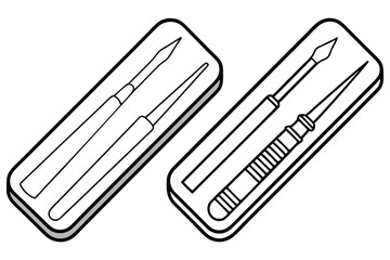 Two boxes contain delicate sculpting tools presented in black and white with detail