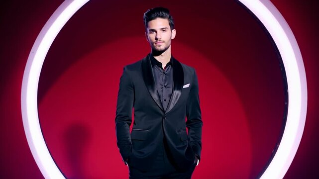 Homme élégant en costume noir dans un cercle lumineux rouge