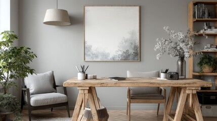 Cozy Minimalist Home Office with Wood Table and Greenery