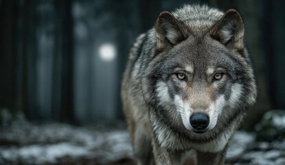 Obraz premium Majestic gray wolf stares intently, a captivating portrait in a wintry forest.