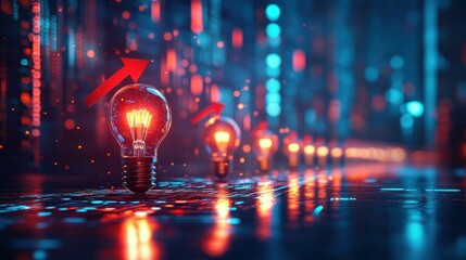 Illuminated light bulbs, trending upward,  in a digital environment