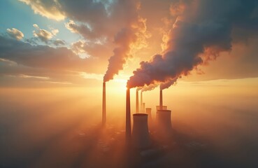 Aerial sunset view coal power plant high pipes releasing black smoke. Air pollution, environment contamination, greenhouse effect, global warming, industry, climate change, fossil fuels, energy