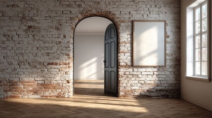 Rustic Brick Wall with Open Door and Empty Frame in Sunlit Room