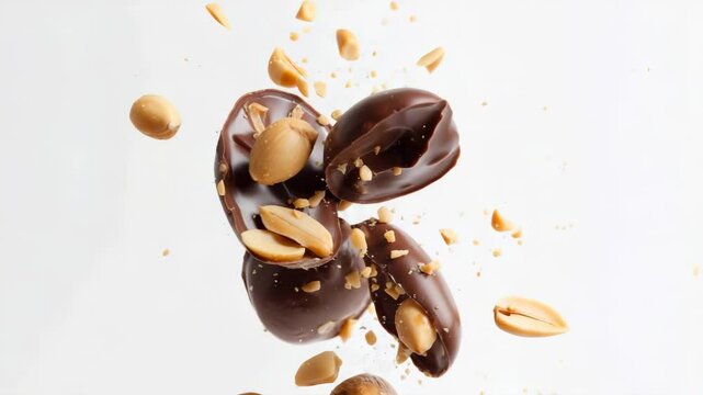 Glossy dark chocolate-covered almonds and whole peanuts burst and scatter in slow motion with crumbs and pieces flying on a clean white backdrop, creating a dynamic snack concept