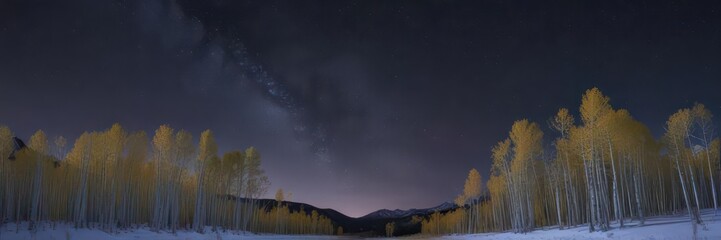 Aspen trees, snowy mountain, night sky, stars , peaks, photography, snow capped
