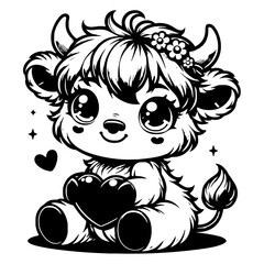 Cute Cartoon Cow Holding Heart Black and White Illustration