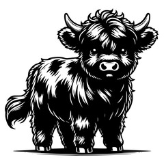 Cute Highland Cow Illustration in Black and White
