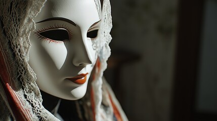 Venetian Mask Mystery: A close-up of an enigmatic porcelain venetian mask, adorned with delicate lace, gazes with an air of mystery and intrigue, its eyes shadowed and lips painted a vibrant hue.