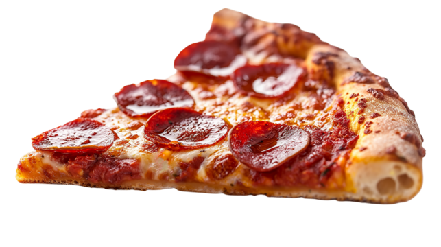 A piece of pizza is typically a triangular slice with a pointed tip and a curved, slightly irregular crust isolated on white background or transparent png 
