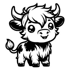 Cute Cartoon Highland Cow Black and White Illustration