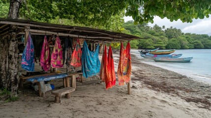 Colorful Sarongs Hanging at Tropical Beach Market