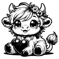 Cute Cartoon Cow with Heart and Flowers Vector Illustration