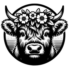 Floral Highland Cow Illustration in Black and White