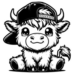 Cute Cartoon Highland Cow with Cap Illustration