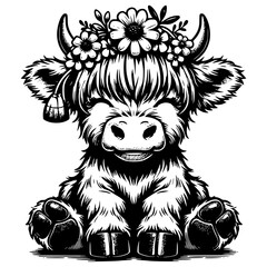 Cute Highland Cow with Floral Crown Black and White Illustration