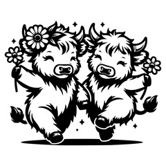Cute Dancing Cows in Black and White Vector Illustration