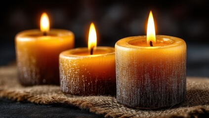 Three lit candles glow warmly on burlap, creating a serene and comforting ambiance.