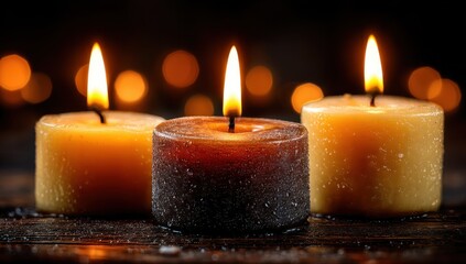 Three candles glow warmly in the dark, their light reflecting a cozy ambiance.