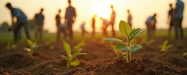 People plant trees in field at sunset. Environmental volunteers work together to reforest area. Sustainable lifestyle, eco friendly future, fight against global warming. Planting seedlings teamwork.