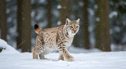 Naklejka premium Lynx Walking in Snowy Forest During Winter with Falling Snow