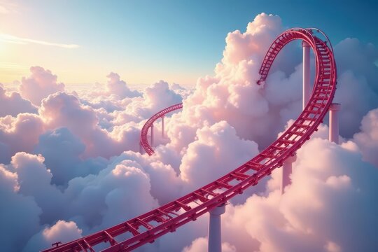 Fluffy cloudscape mirroring a twisting roller coaster track , amusement park, white clouds, design