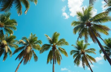 Low angle shot of palm trees against bright blue sky. Sunny day with tropical climate. Tall green palm leaves against turquoise sky with white clouds. Nature, outdoors, nobody.