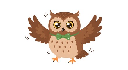 Fototapeta premium Cute Owl Cartoon with Bowtie Flapping Wings Character Design