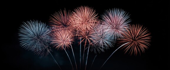 Fototapeta premium Spectacular fireworks display illuminating the night sky with vibrant bursts of red and blue.
