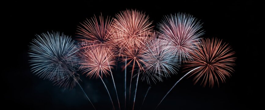 Spectacular fireworks display illuminating the night sky with vibrant bursts of red and blue.