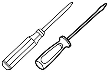 Two simple screwdrivers featuring a black outline stand on a white transparent background