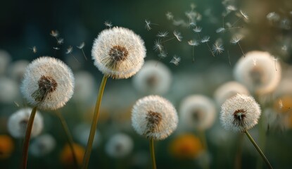 Soft sunlight illuminates fluffy dandelion seeds gently blowing in the breeze. Serene nature scene.