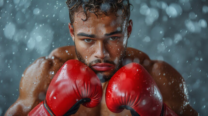A determined boxer in red gloves, face close up, preparing for a tough fight in the ring.