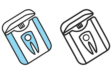 A stylized drawing shows one blue and one black and white dental floss container with a tooth design