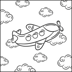 cute airplane coloring sketch page for kids with clouds and simple sky background