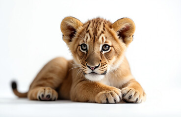 Obraz premium Adorable lion cub portrait lying down. Baby lion resting in studio. Cute, playful, innocent look. Soft fur, big eyes, sweet expression. Young wild animal, wildlife, baby animal.