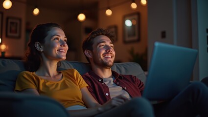 Happy Couple Relaxing at Home, Watching Movie on Laptop at Night