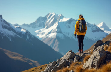 Fototapeta premium Woman hiker wearing yellow jacket admires Andes mountain view. Tourist with backpack enjoys scenic panorama in Patagonia, Argentina. Adventure, travel, freedom, vacation, holiday, trekking.