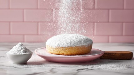 Powdered Donut Delight Sweet Treat on Pink Plate.
