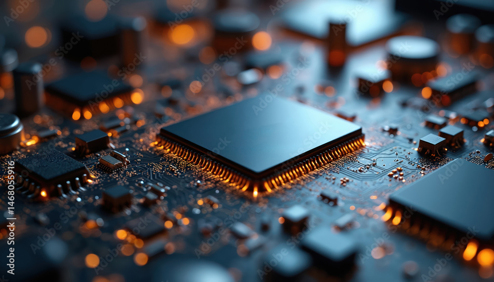 Aufkleber Close-up photo of printed circuit board with chip surrounded by integrated circuits, components. Tech background, microchips, high-tech processor detail. Digital technology, data processing, computer
