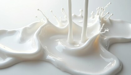 Close-up of pouring white liquid. Milk, cream or yogurt pouring on white surface, creating splash, flow, texture. Perfect for dairy products tech ads, food blogs or cooking projects.