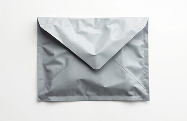 Isolated gray postal plastic envelope. Empty mail bag, closed, with creases. Delivery, send goods, packaging, express shipping service. Shipping and commerce concept.