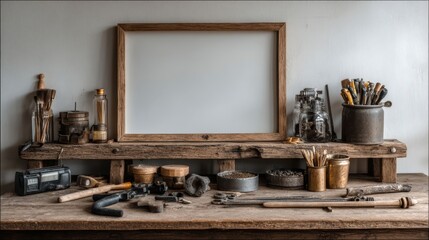 Rustic Workshop Table with Tools, Containers, and Blank Frame