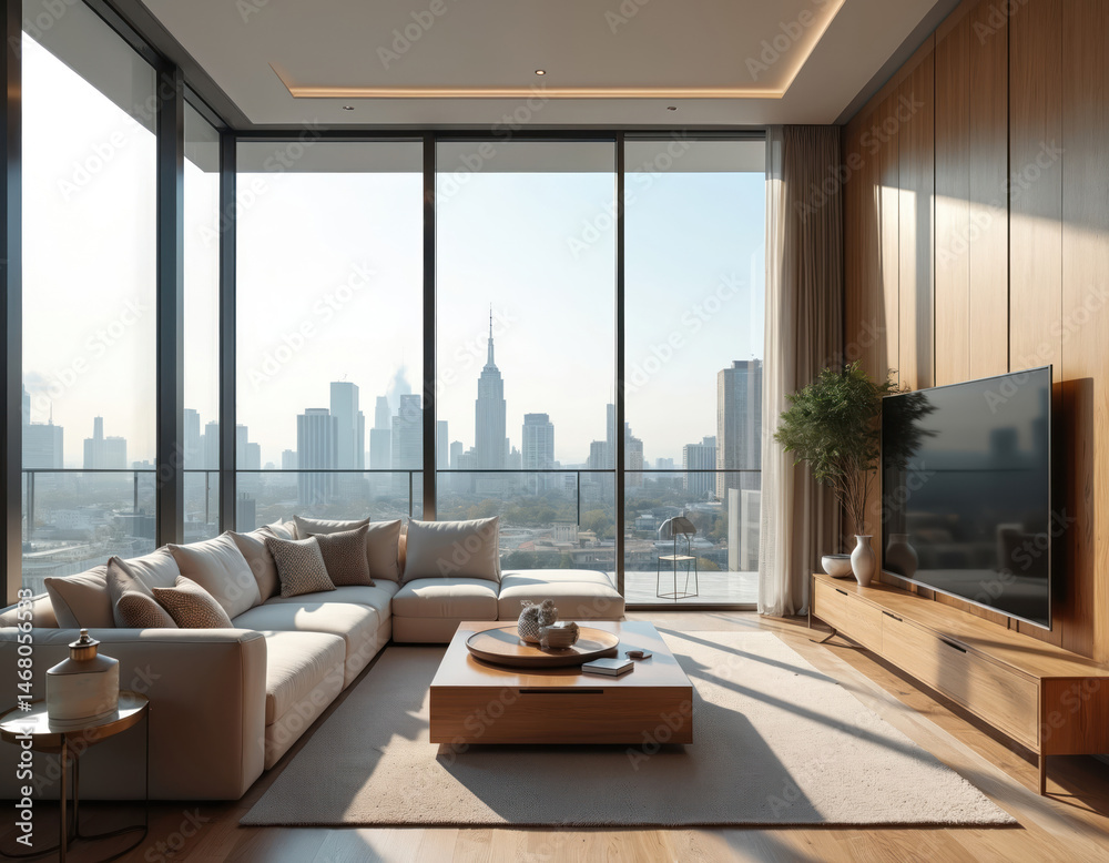 Poster modern duplex apartment interior. panoramic view from large windows to cityscape with skyscrapers. c