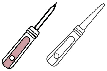 Two awls with plastic handles are displayed in color and outline versions, isolated