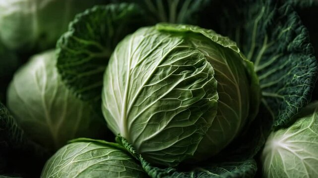 Multiple round green cabbages with crisp, veiny leaves arranged tightly together, showcasing natural texture, freshness, and farm-to-table produce concept