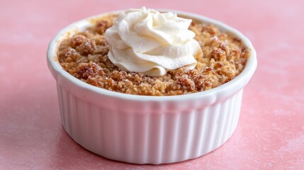 Apple Crumble Delight Warm baked dessert topped with whipped cream with pink table.
