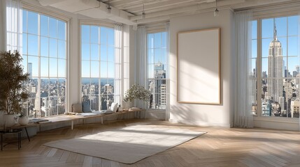 Modern Living Room with City View and Empty Canvas Wall