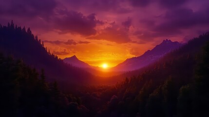 Obraz premium Beautiful sunset over a mountain range with a large sun in the sky. The sky is a mix of purple