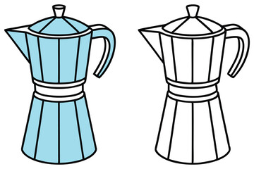 Two distinct moka pots are displayed, one in light blue and one in white